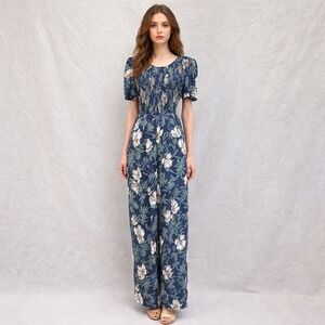 Vintage 90s smocked wide leg jumpsuit tropical floral print short sleeve size 10